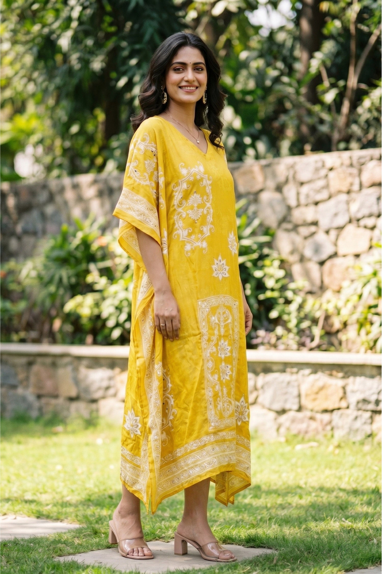 Long Yellow Chinon Silk Kaftan with Digital Print