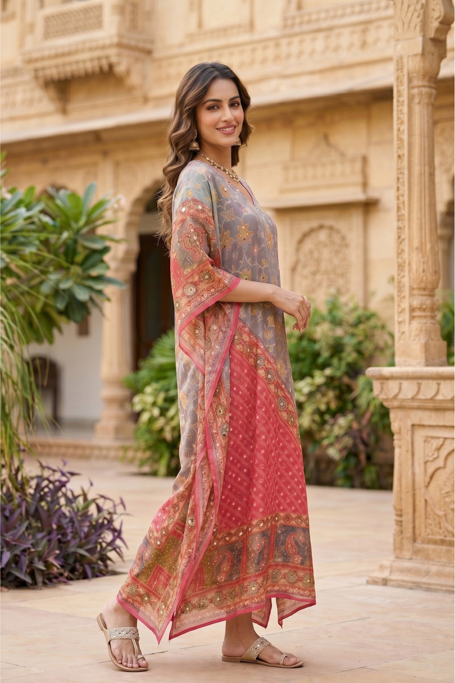 Mono Floral Printed Long Kaftan