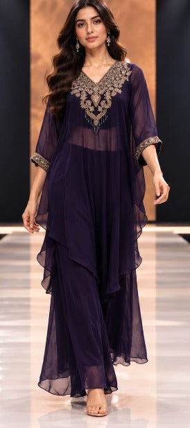 Purple Crepe Embroidered Kaftan Coord Set