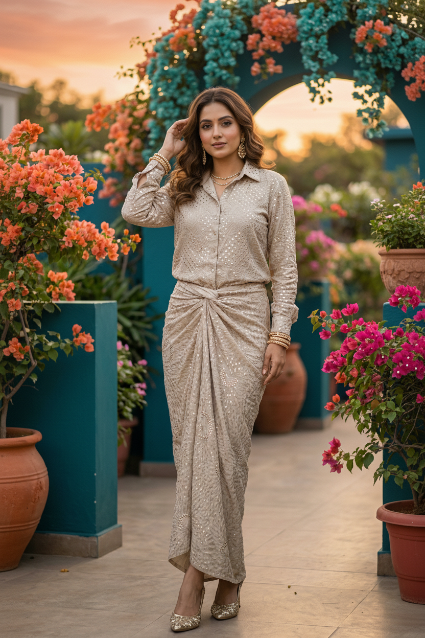 Beige Dhoti Style Skirt & Shirt Co-ord Set