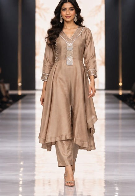 Mocha Brown Zari Embroidered Coord Set
