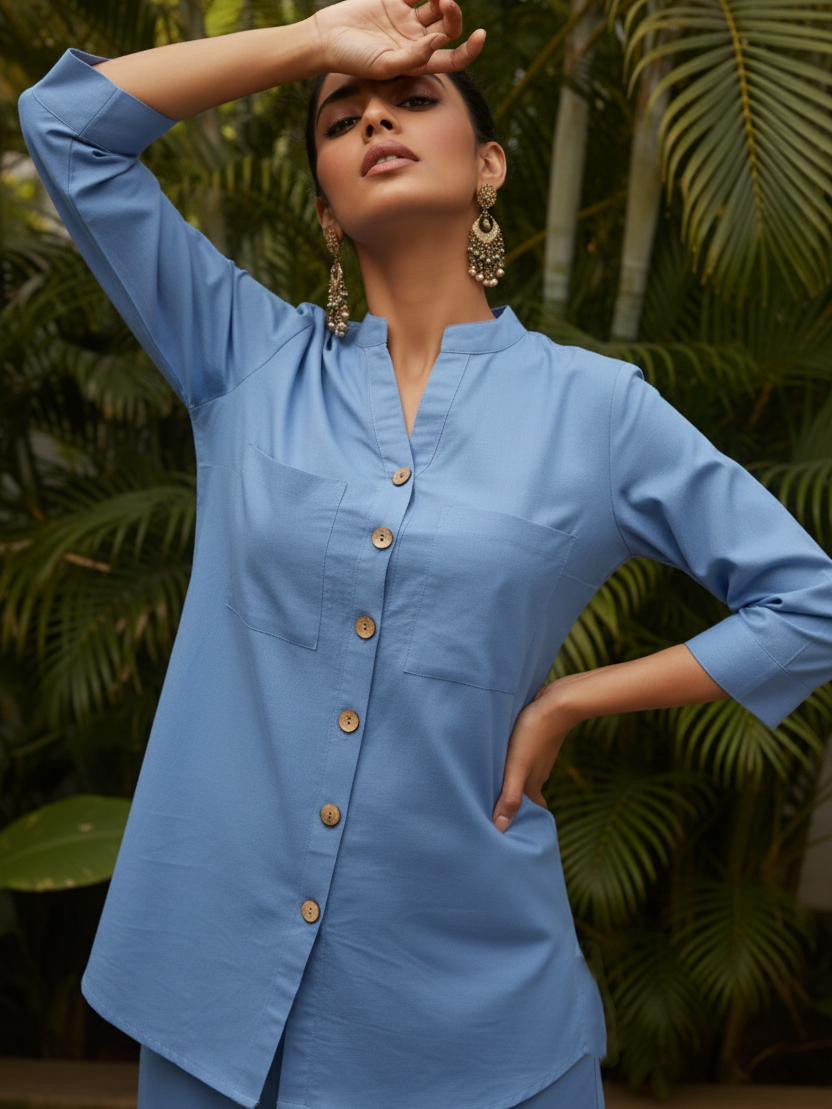 Blue Solid Chic Cotton Cord Set