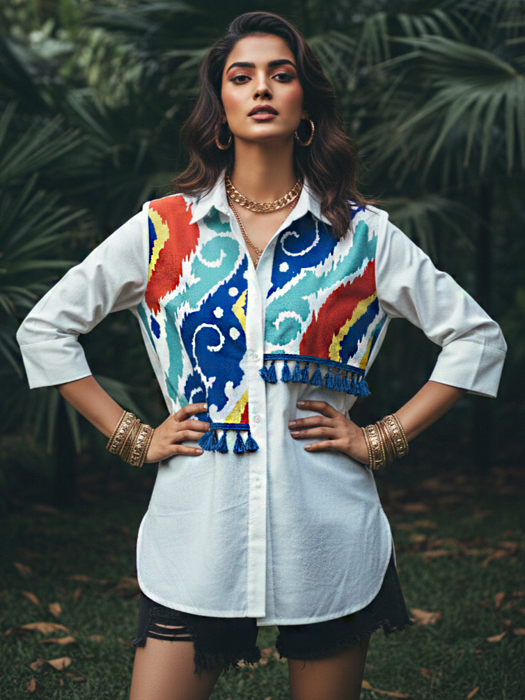 White Multicolor Thread Embroidered Cotton Shirt