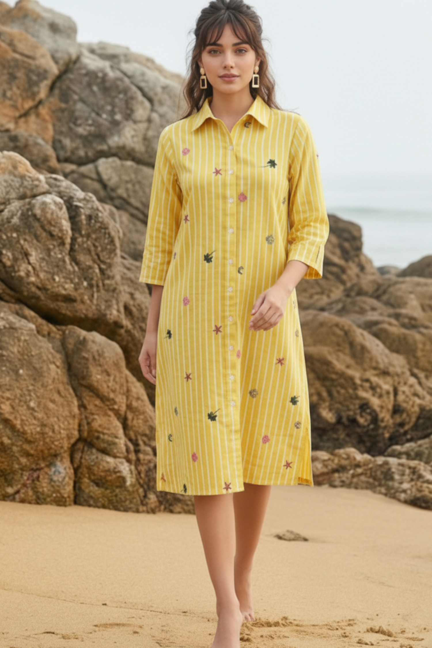 Yellow Striped Embroidered Shirt Dress