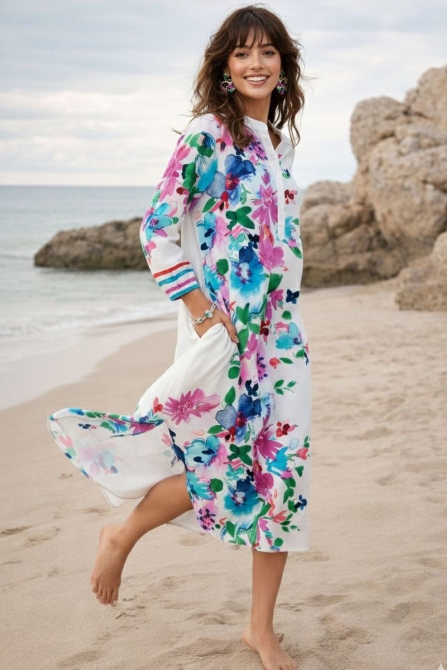 WHITE FLORAL VIBRANT A-LINE LONG SHIRT DRESS
