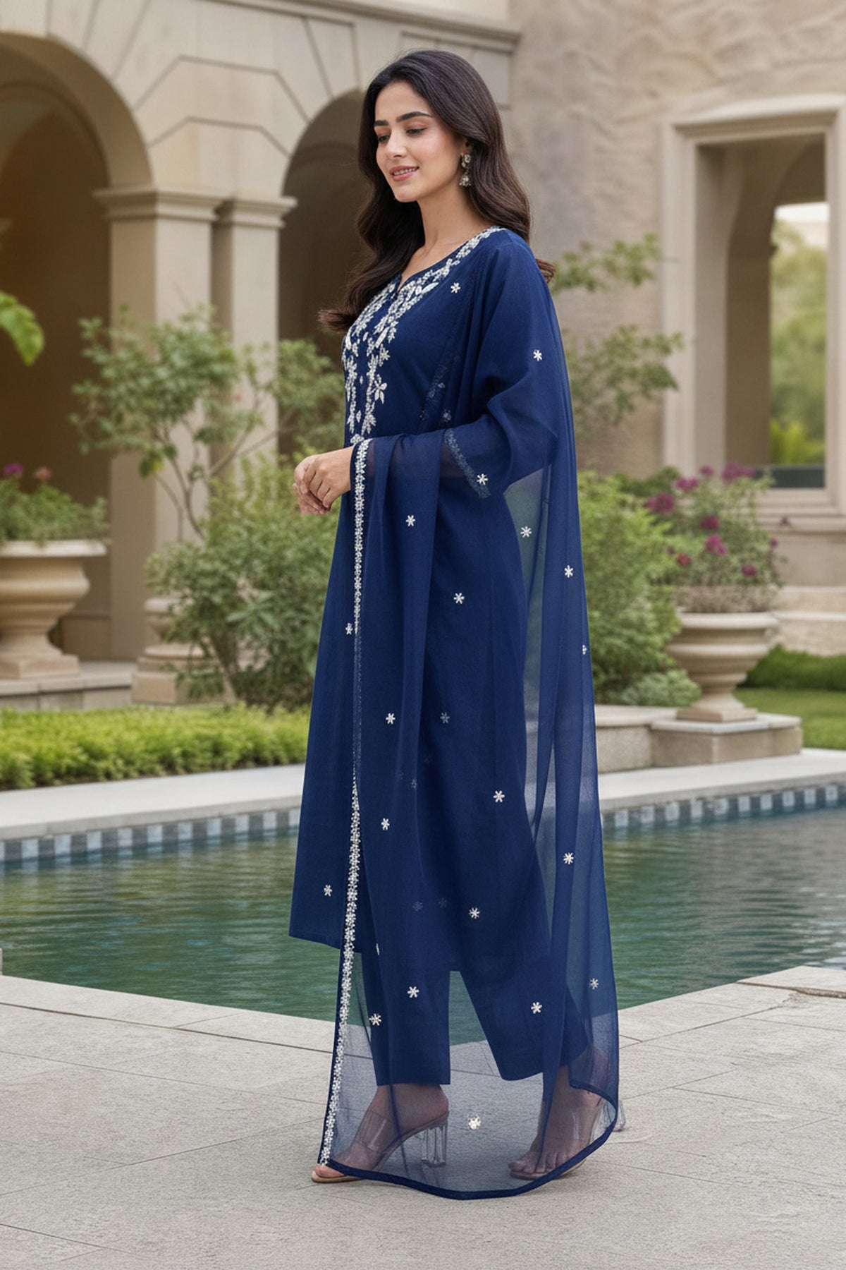 Blue Embroidered Straight Suit Set