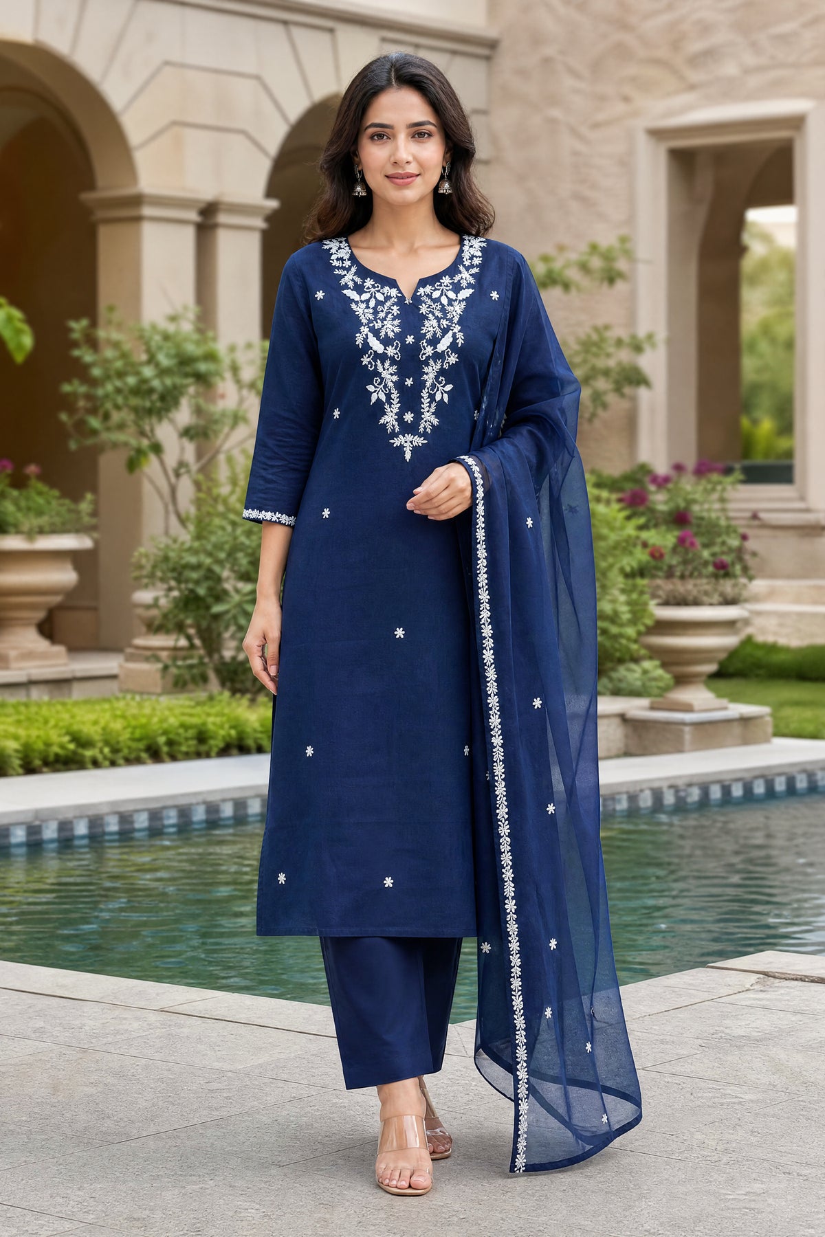 Blue Embroidered Straight Suit Set