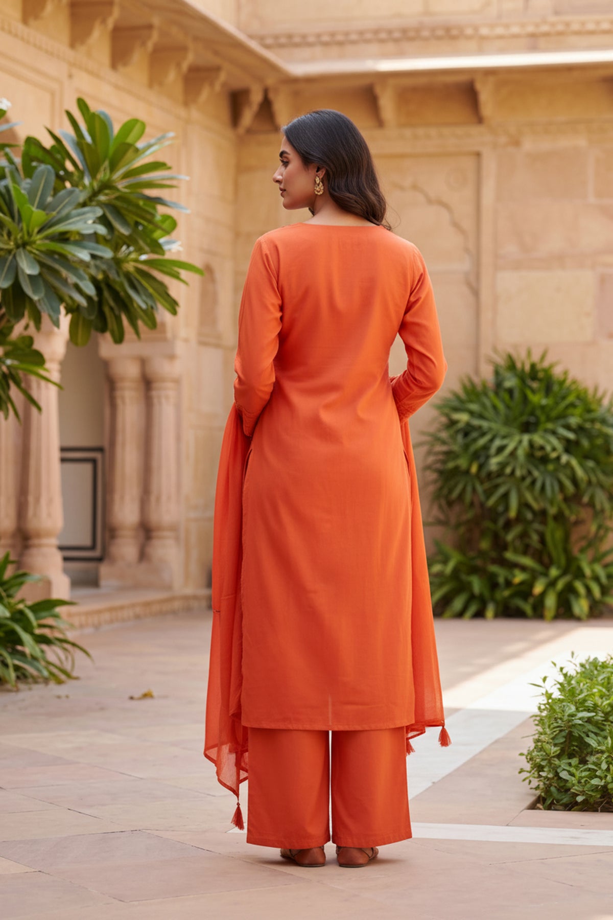 Rust Embroidered Cotton Straight kurta Set with Dupatta