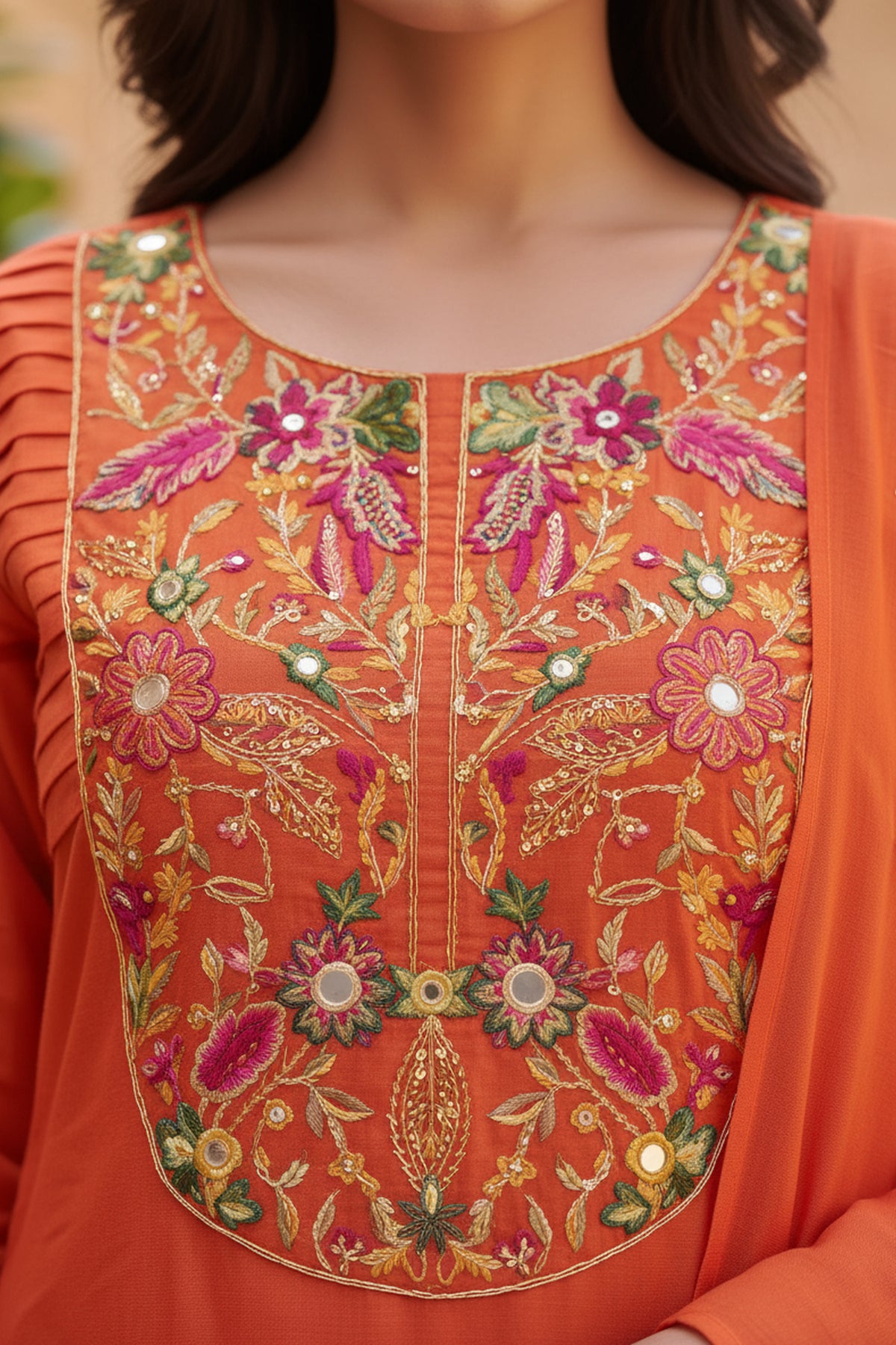 Rust Embroidered Cotton Straight kurta Set with Dupatta