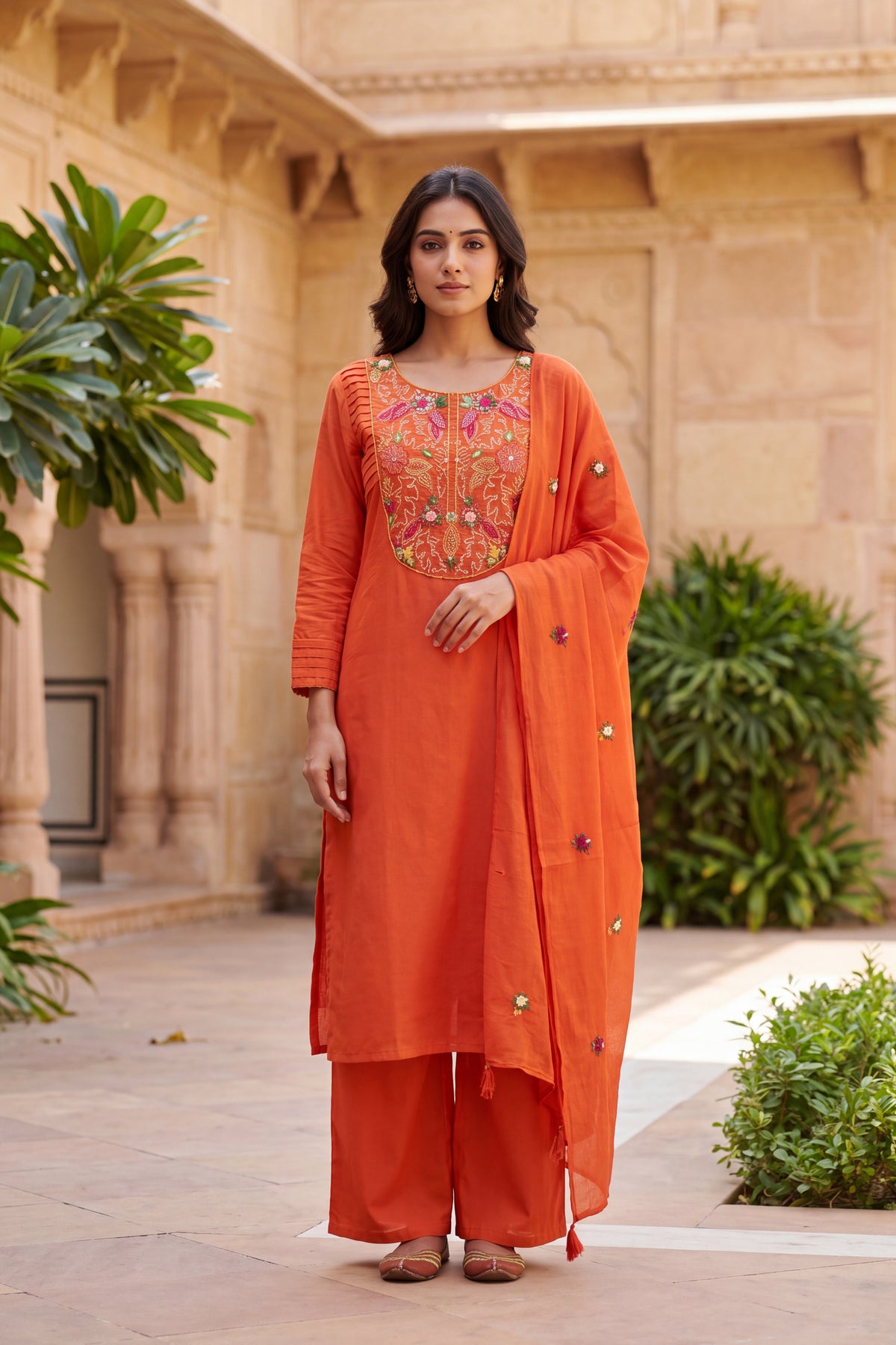 Rust Embroidered Cotton Straight kurta Set with Dupatta