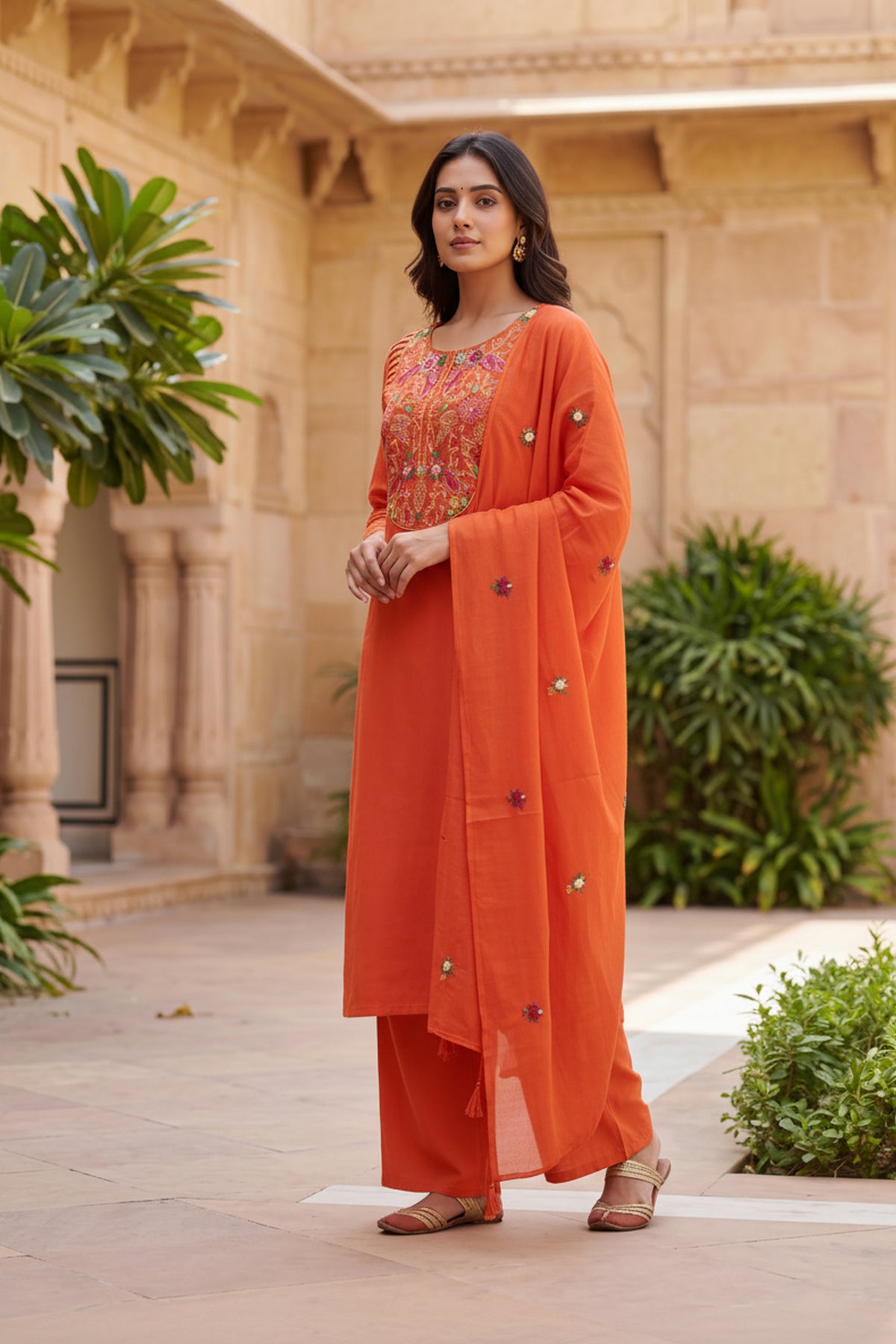 Rust Embroidered Cotton Straight kurta Set with Dupatta