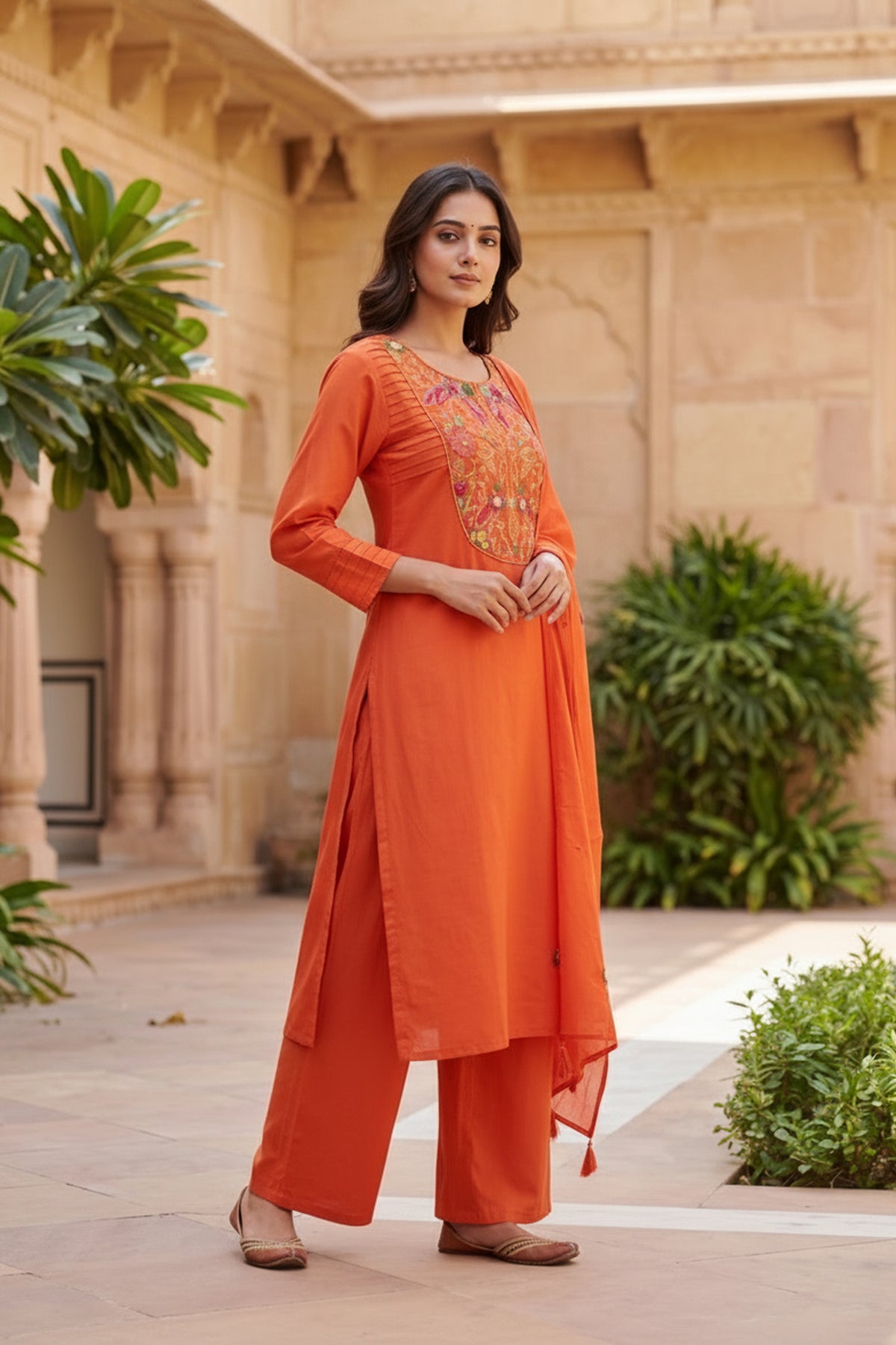 Rust Embroidered Cotton Straight kurta Set with Dupatta