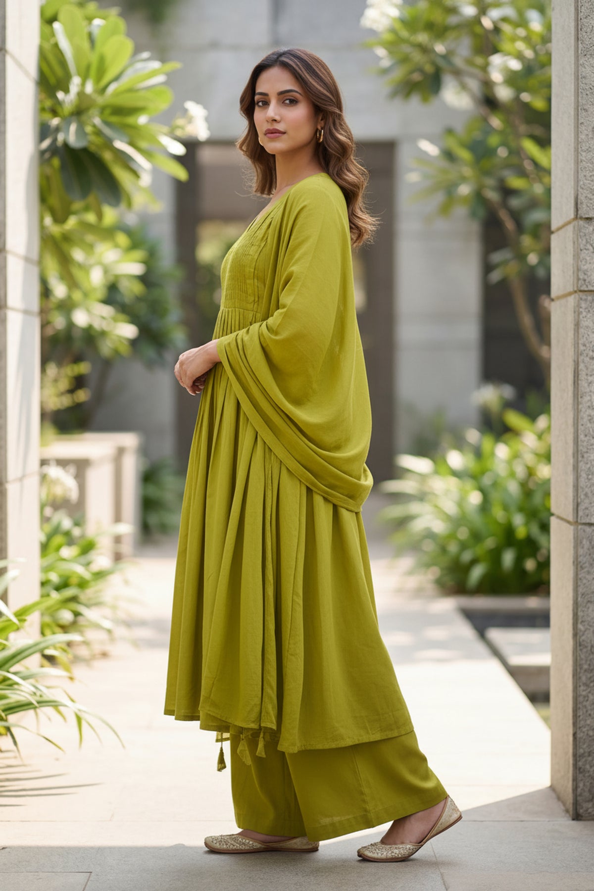 Olive Green Cotton Silk Gathered Anarkali Kurta & Palazzo Set