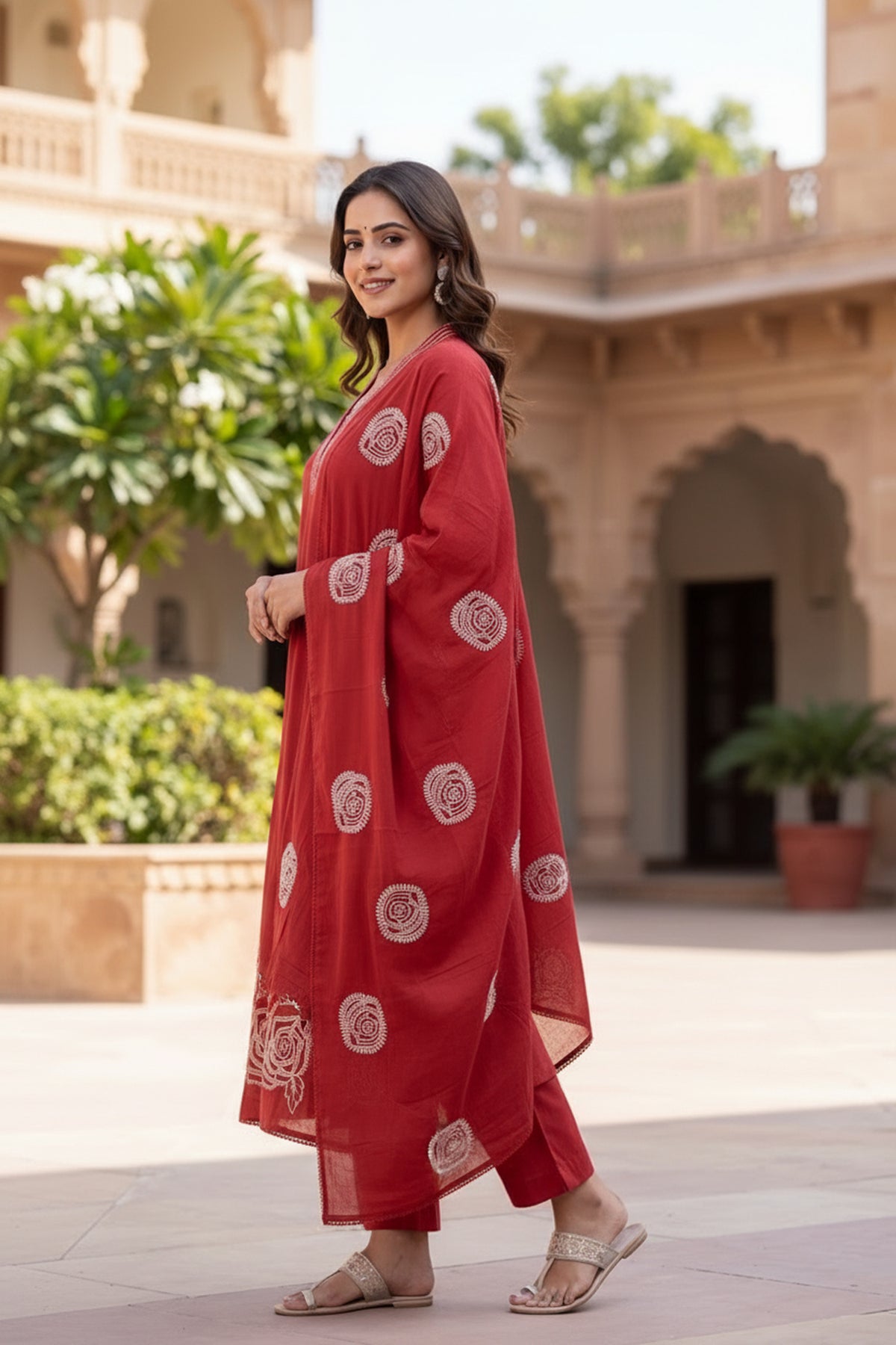 Red Printed Cotton Straight Suit Set