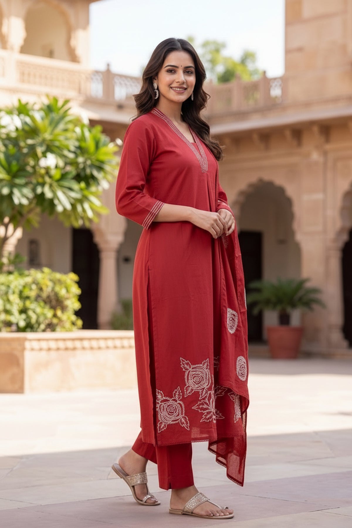 Red Printed Cotton Straight Suit Set