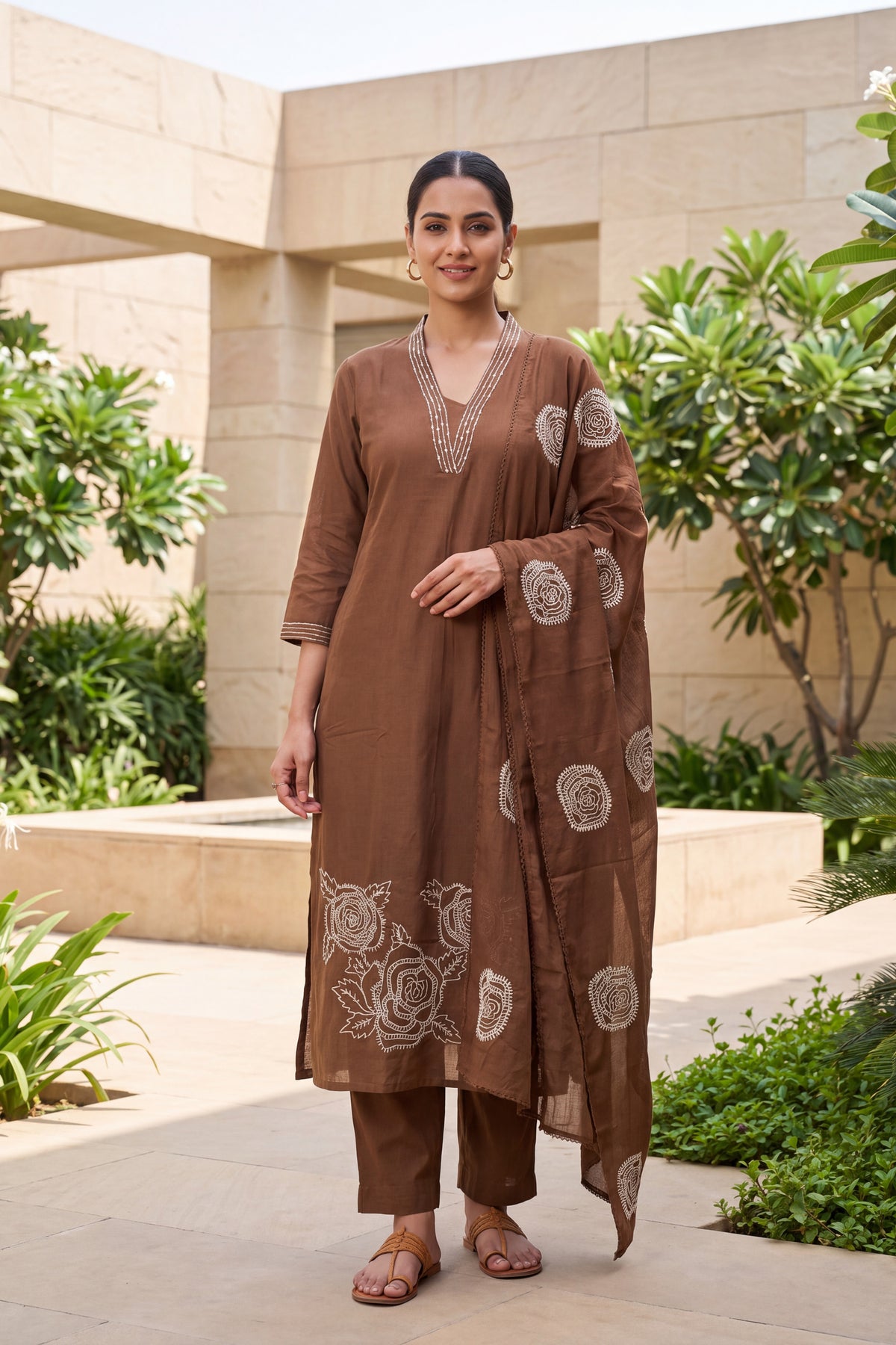 Elegant Tone Brown Embroidered Kurta Set with Dupatta