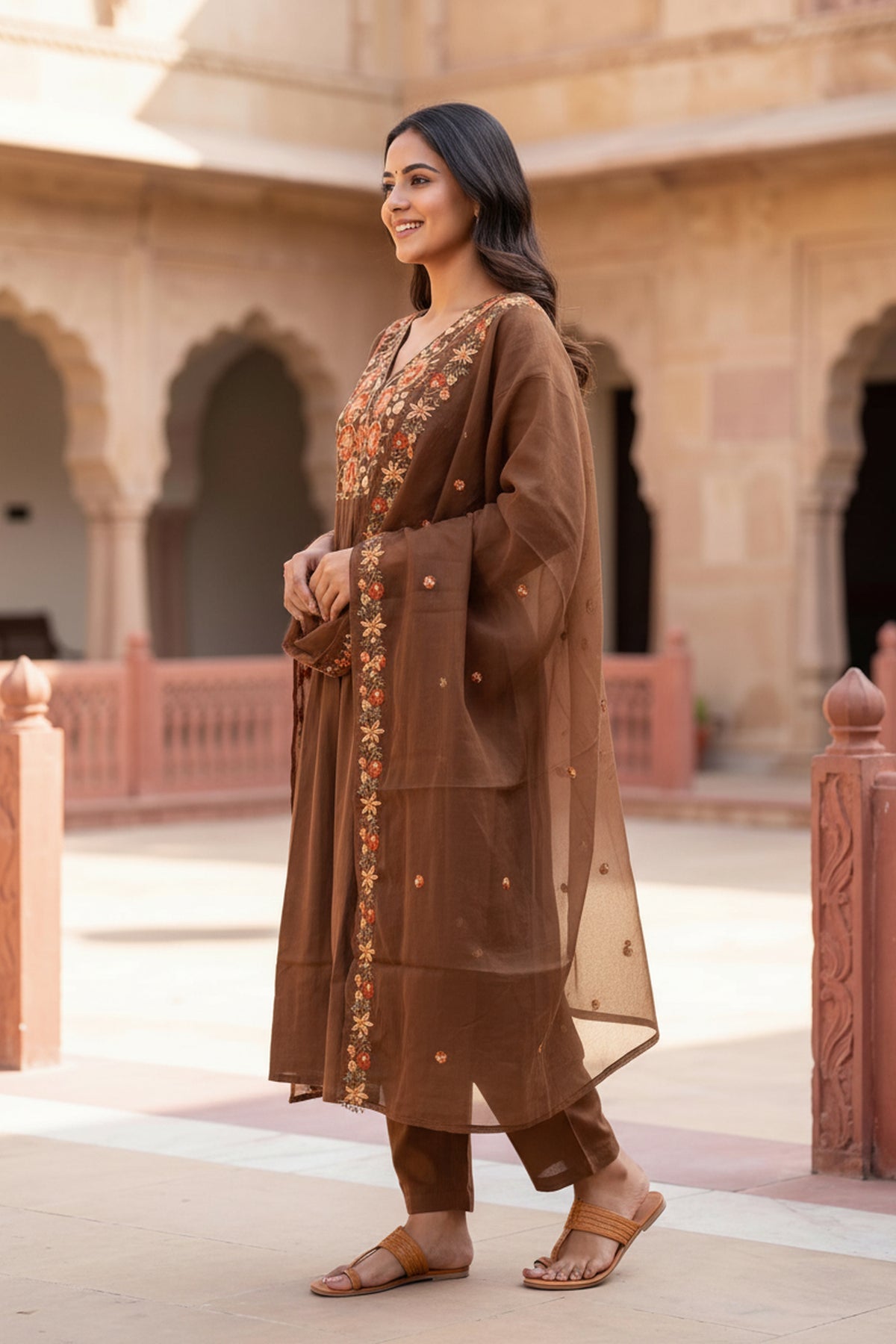 Brown Floral Embroidered Suit Set
