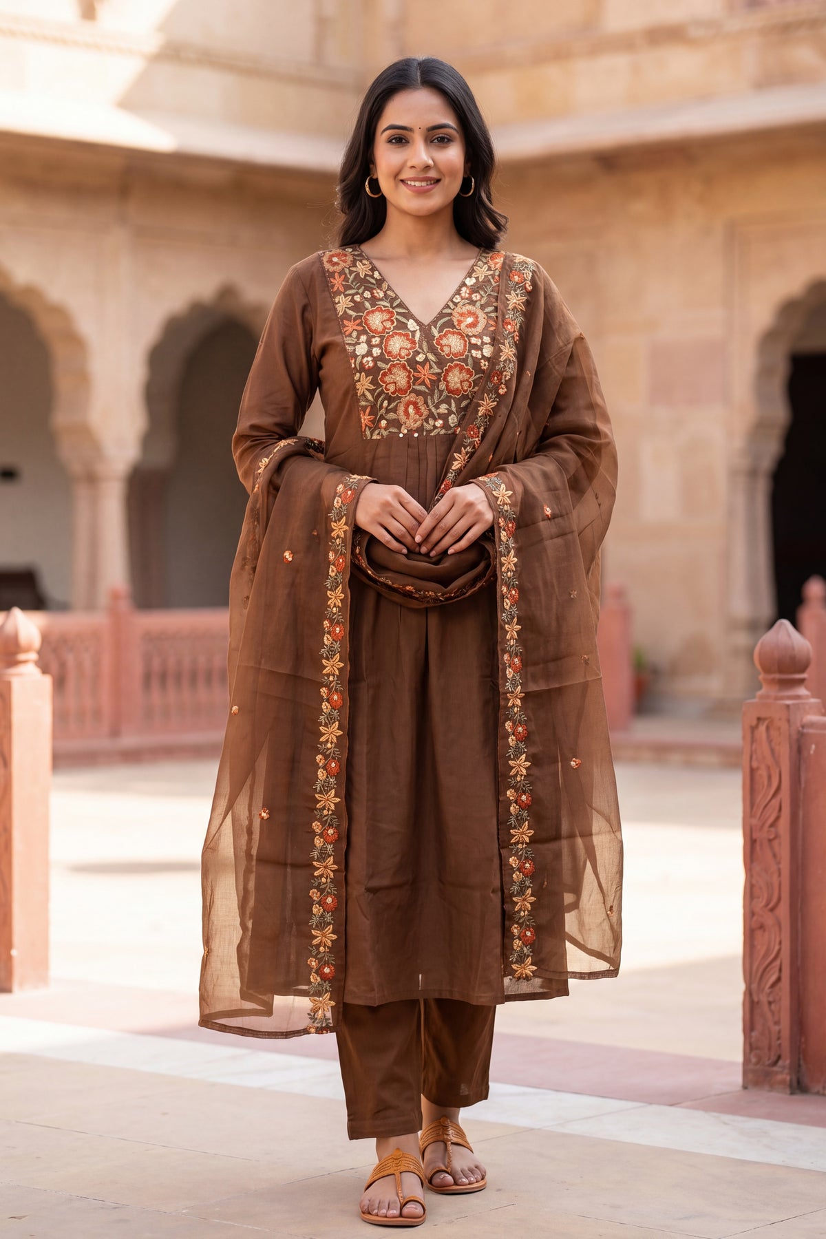 Brown Floral Embroidered Suit Set