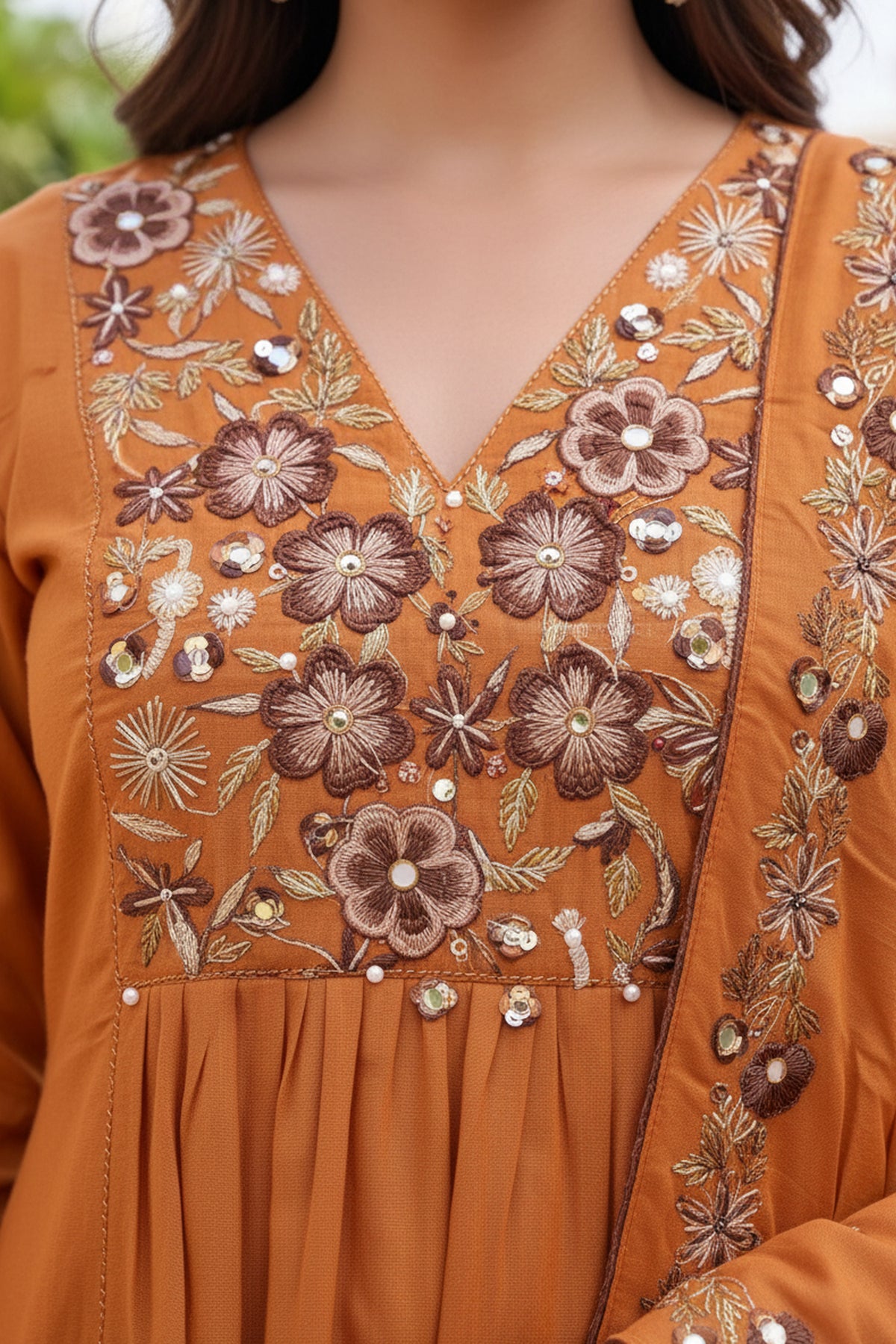 Rust Floral Embroidered Suit Set