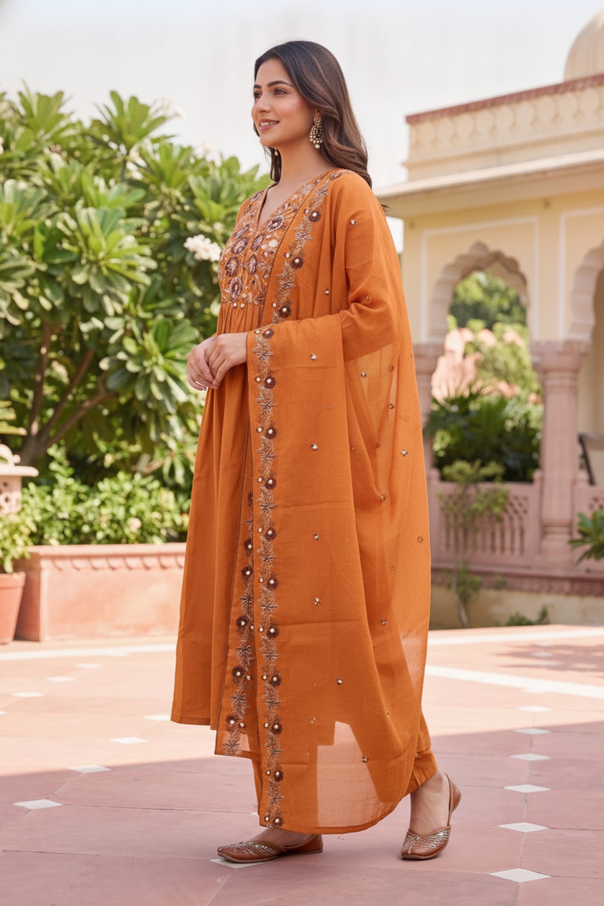 Rust Floral Embroidered Suit Set