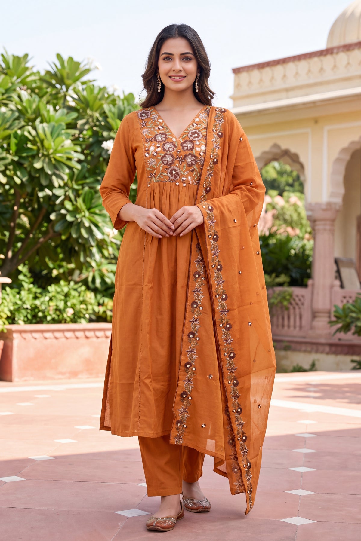 Rust Floral Embroidered Suit Set