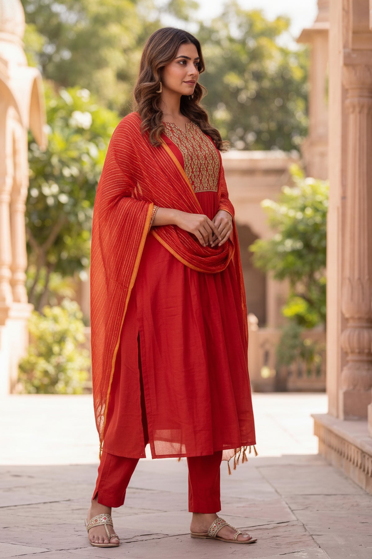 Rust Embroidered Cotton Suit Set