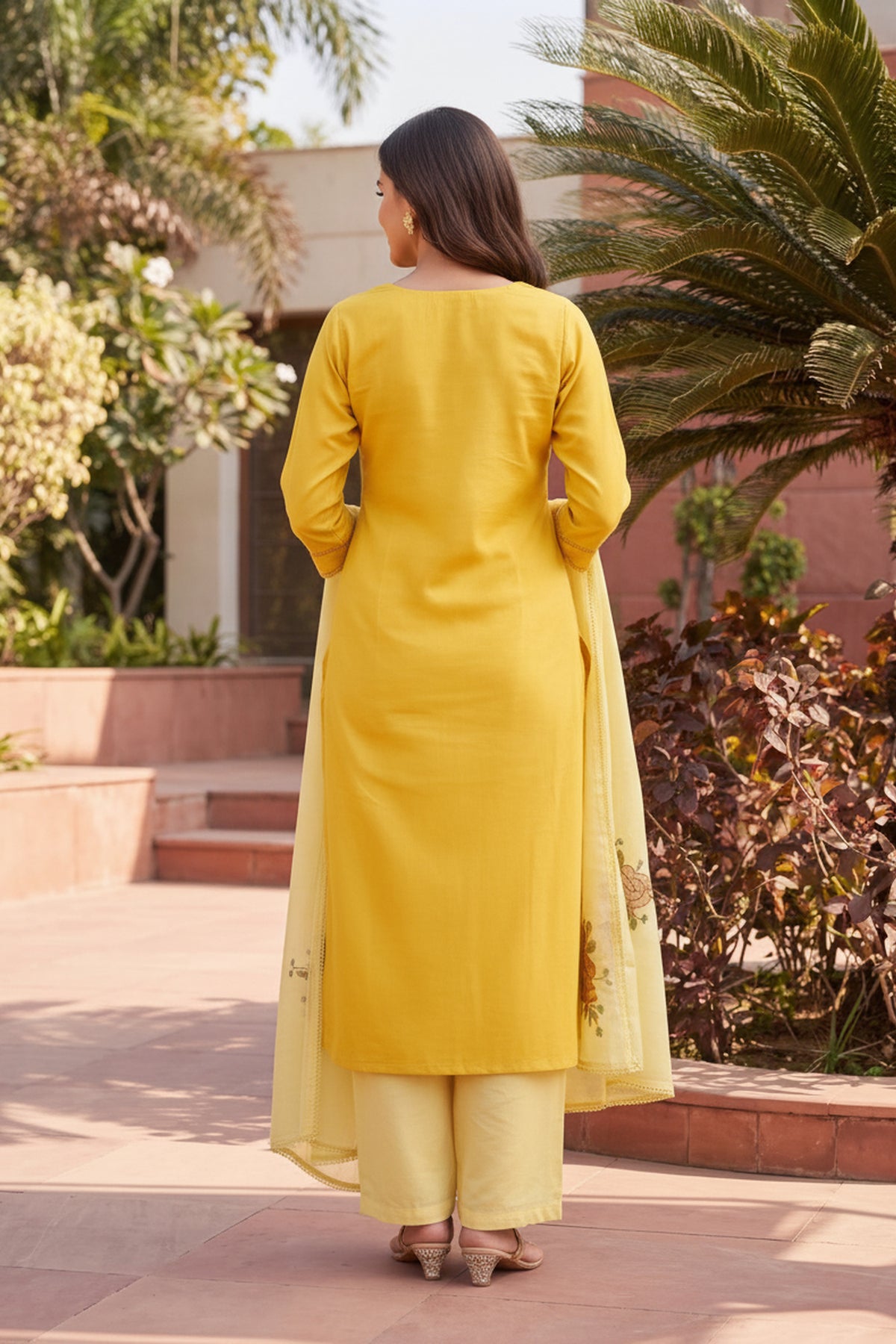Mustard Floral Embroidered Sawarl Suits Set