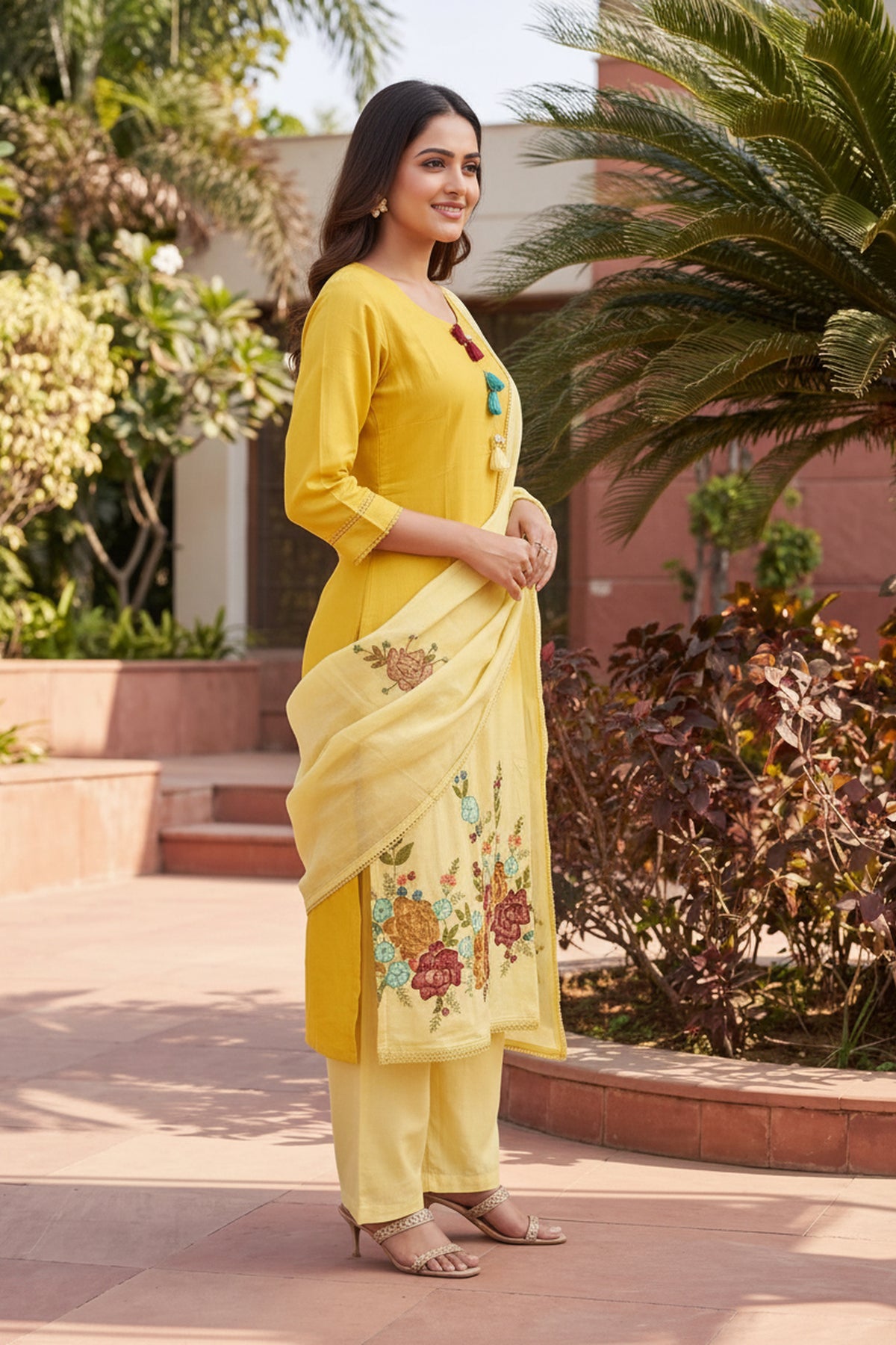 Mustard Floral Embroidered Sawarl Suits Set