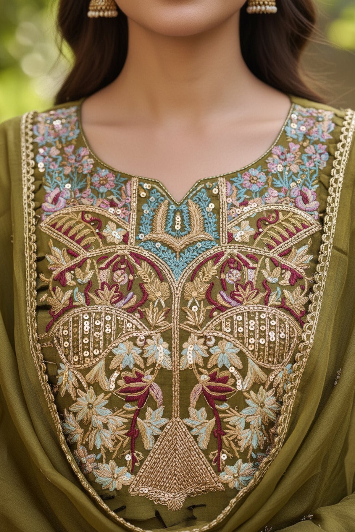 Mehendi Green Embroidered Suit Set