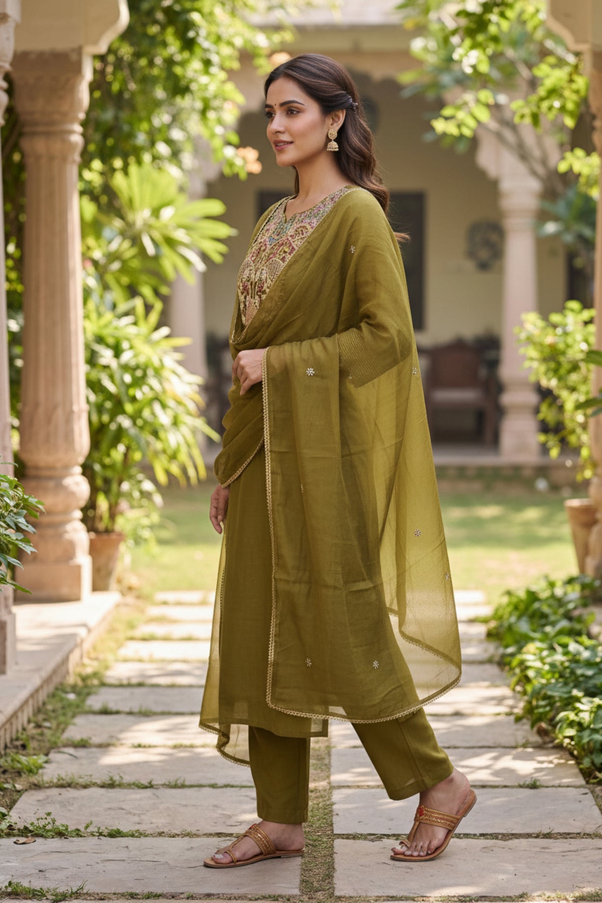 Mehendi Green Embroidered Suit Set