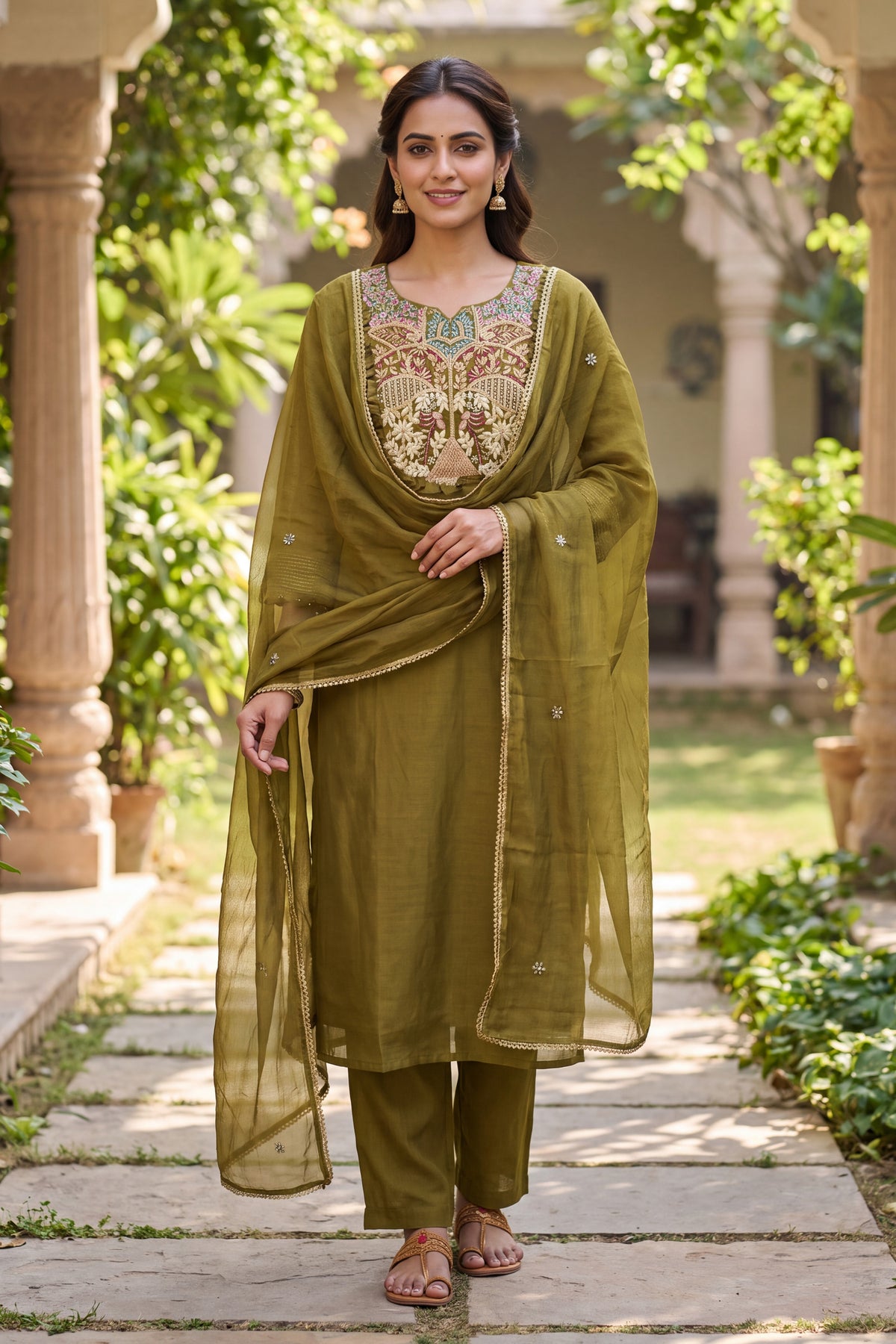 Mehendi Green Embroidered Suit Set