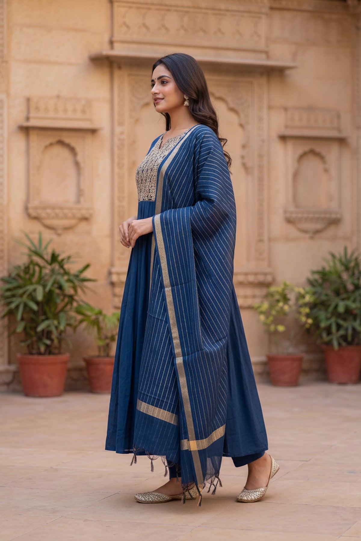 Blue Embroidered Cotton Suit Set