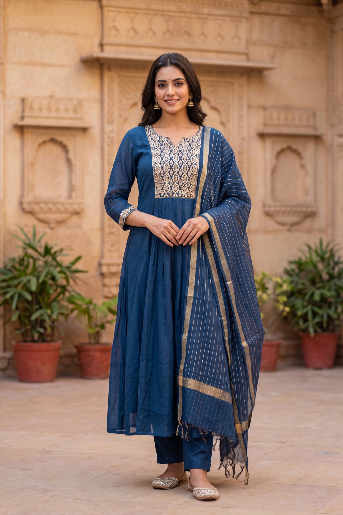 Navy Blue Embroidered Anarkali Suit Set