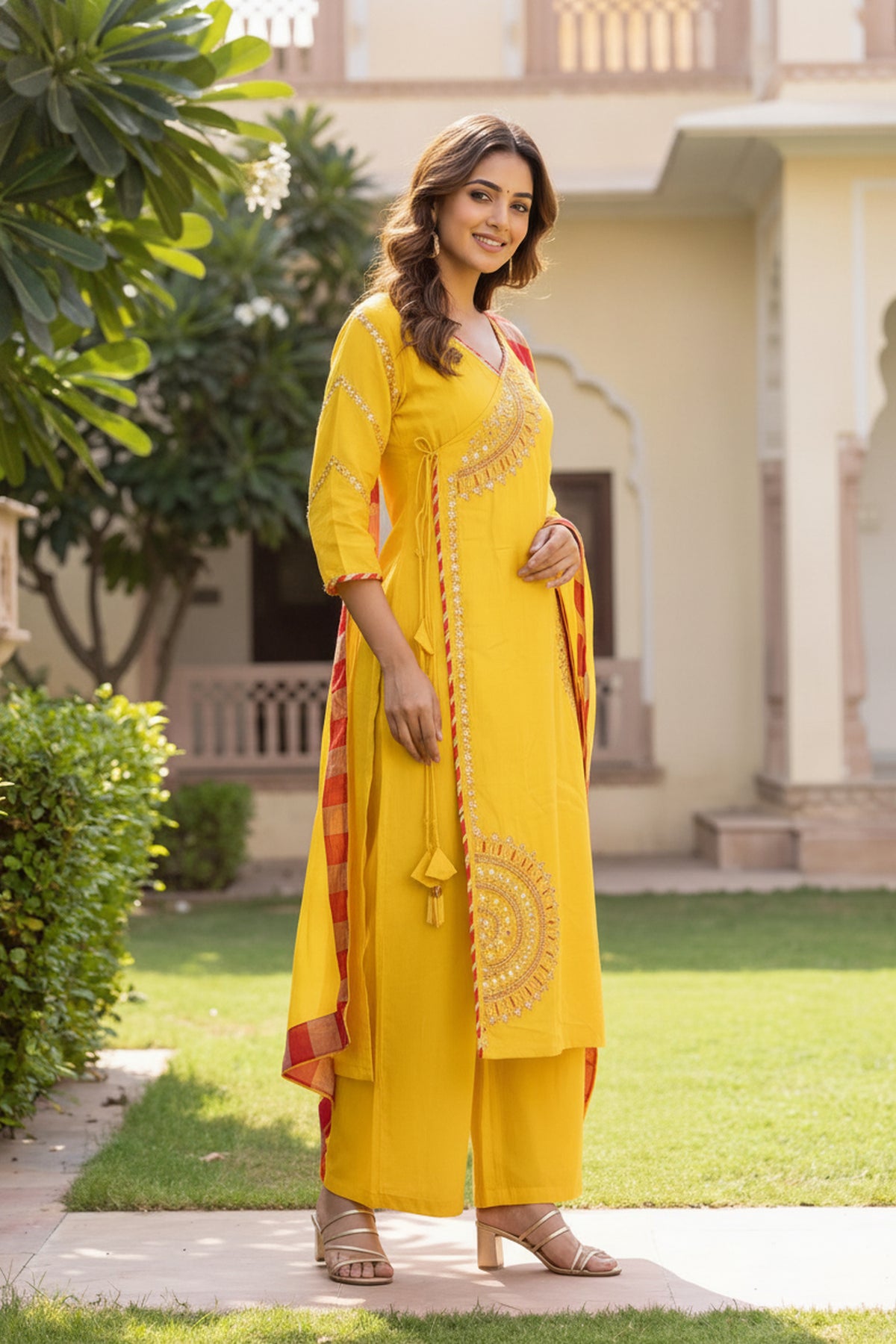 Bright Yellow Angrakha Gota Patti Palazzo Suit