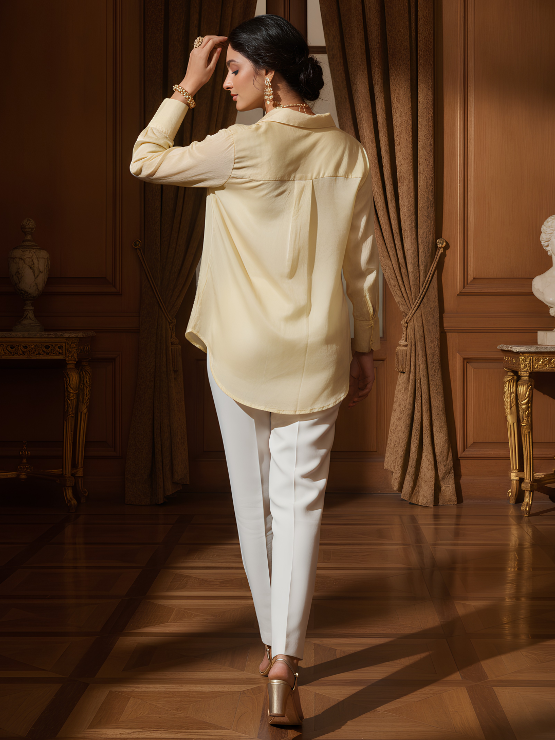 Chinon Silk Sequence Patch Work Collar Shirt
