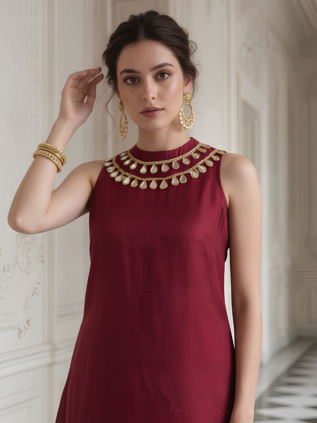 Red Marron Contemporary Asymmetrical Festive Co-Ord set
