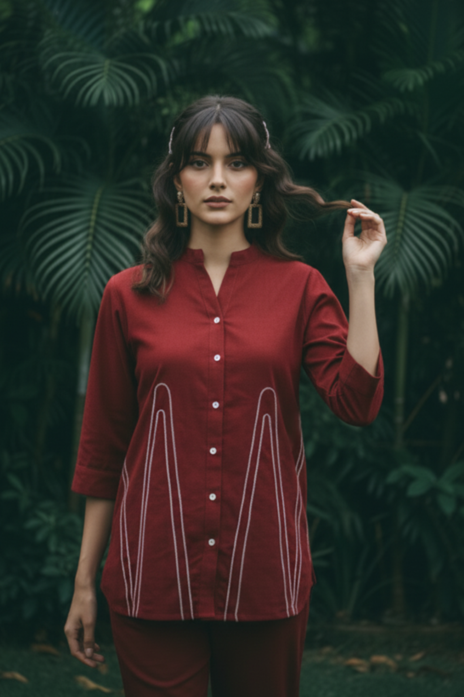 Linen Cotton Maroon Red Relax Fit Cord Set.