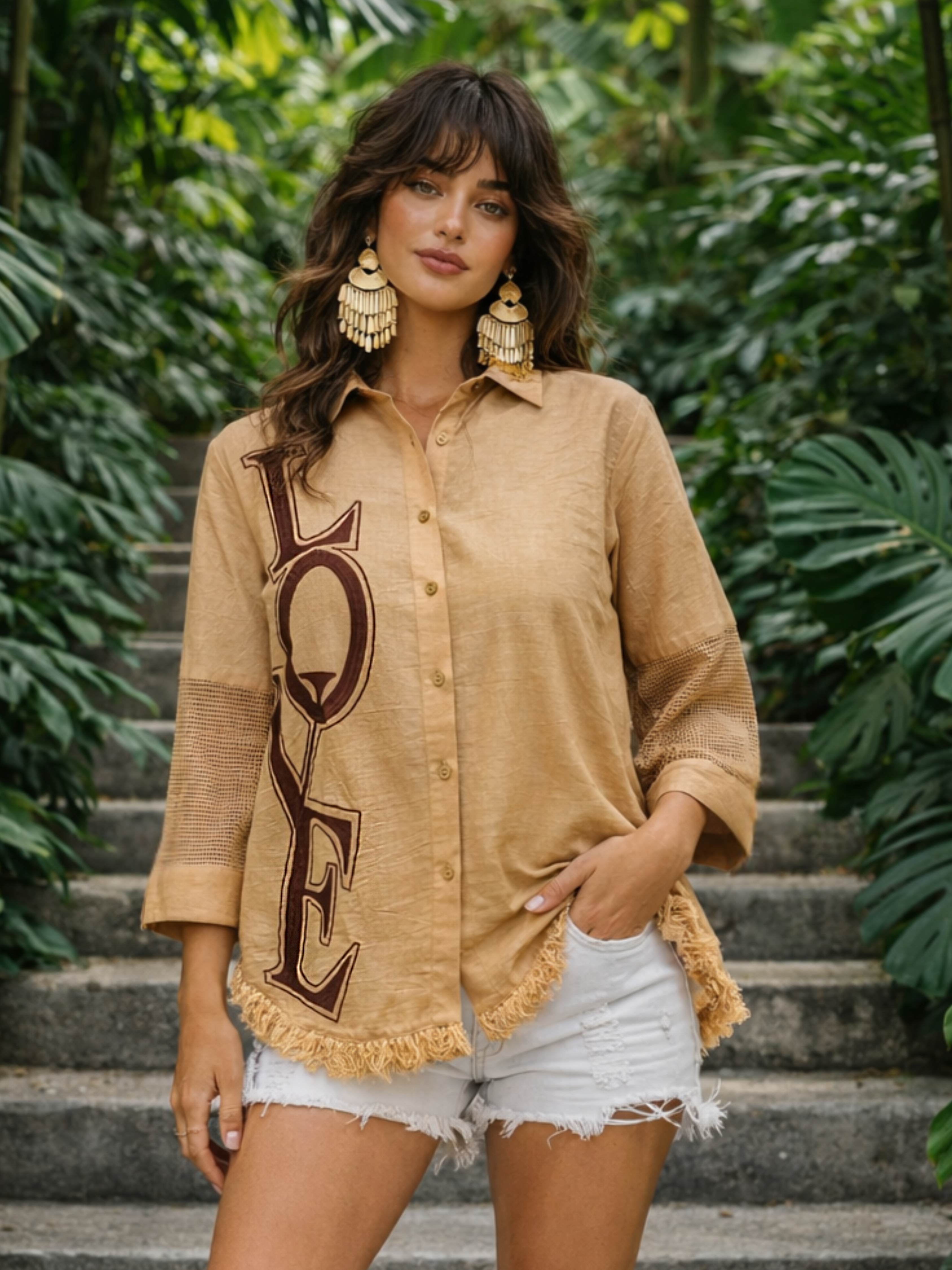 Beige Embroidered Love Shirt with Fringe Hem