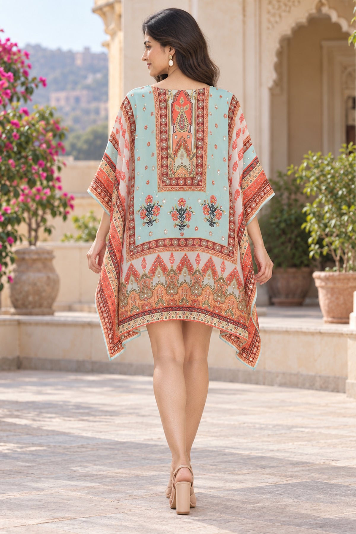 Mint Floral Printed Short Kaftan Dress