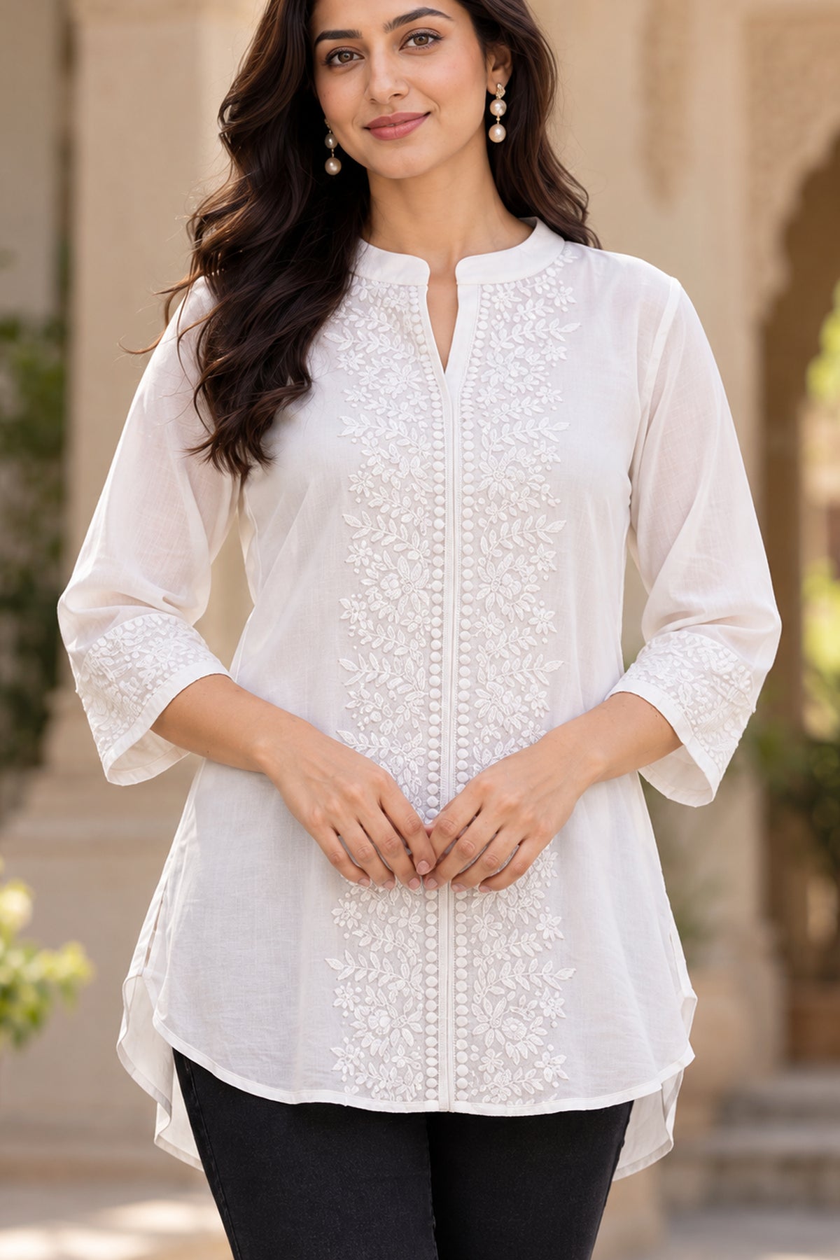 White Chikankari Embroidered Short Top
