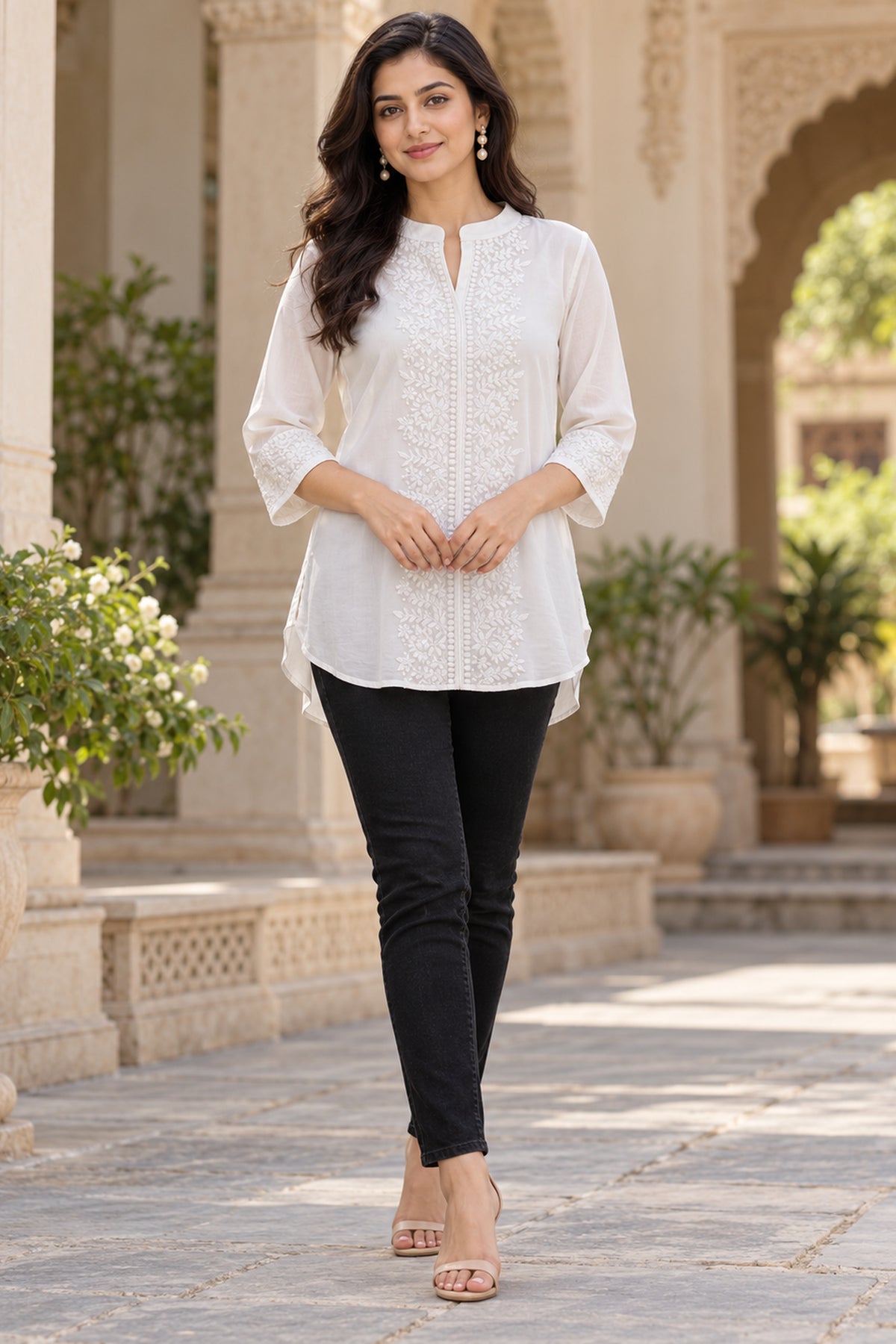 White Chikankari Embroidered Short Top