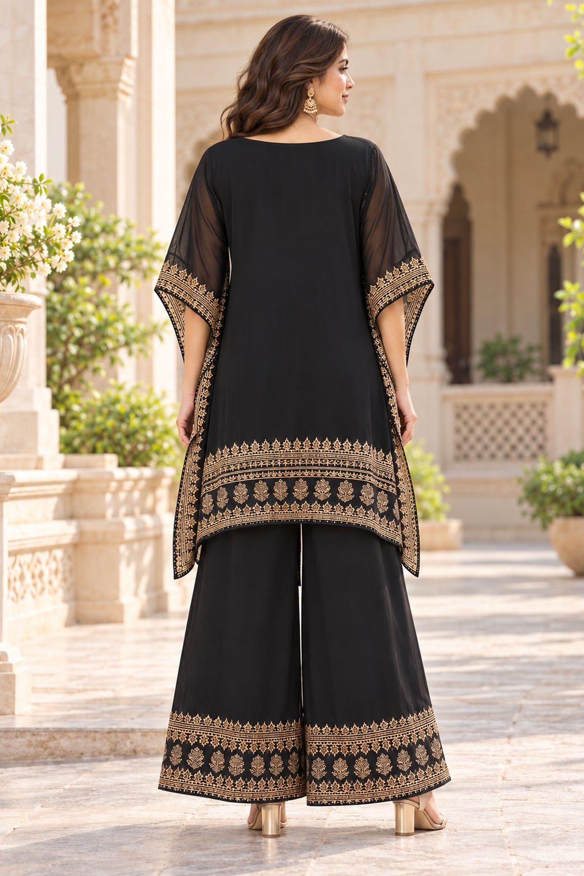 Black Embroidered Kaftan Coord Set