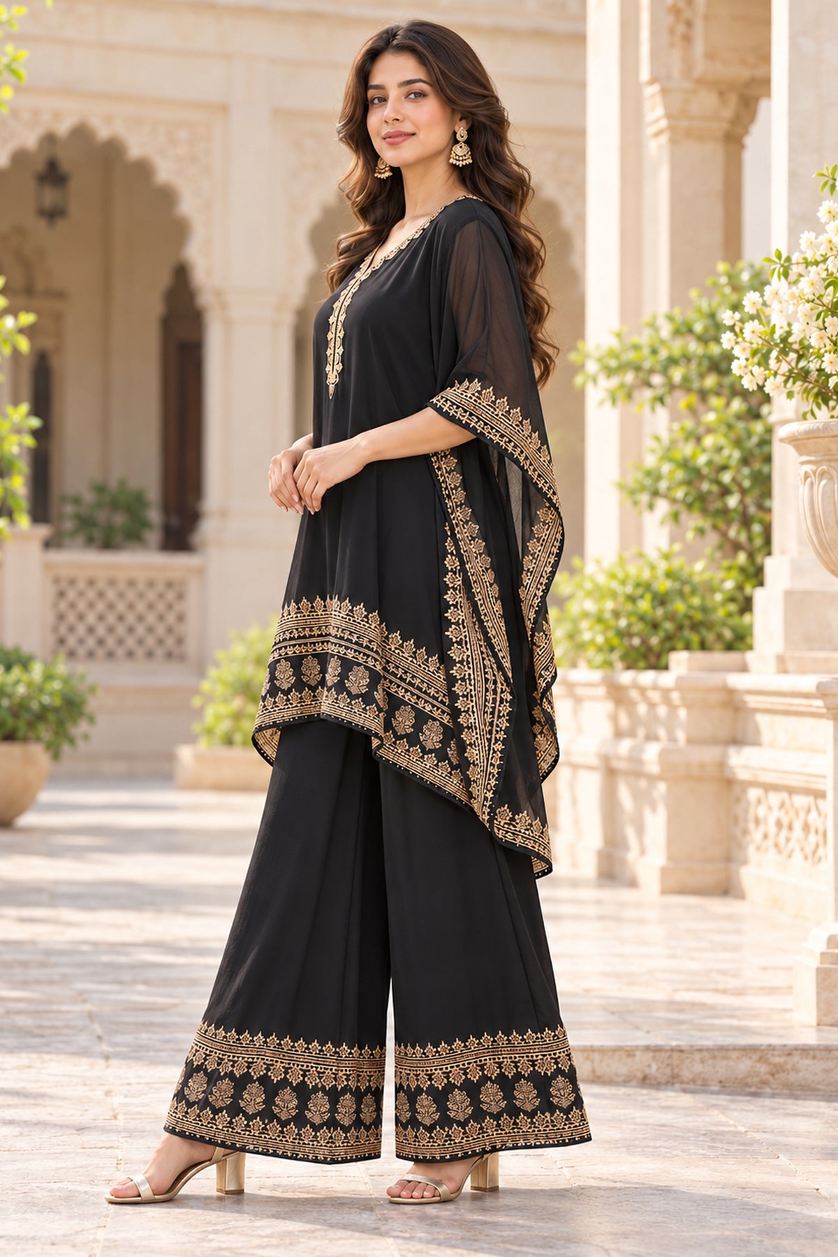 Black Embroidered Kaftan Coord Set