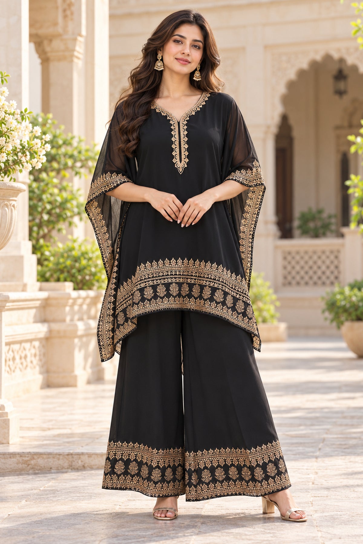 Black Embroidered Kaftan Coord Set