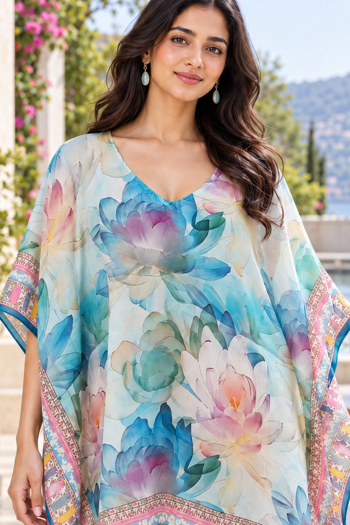 Teal V-Neck Pastel Floral Kaftan Mini Dress