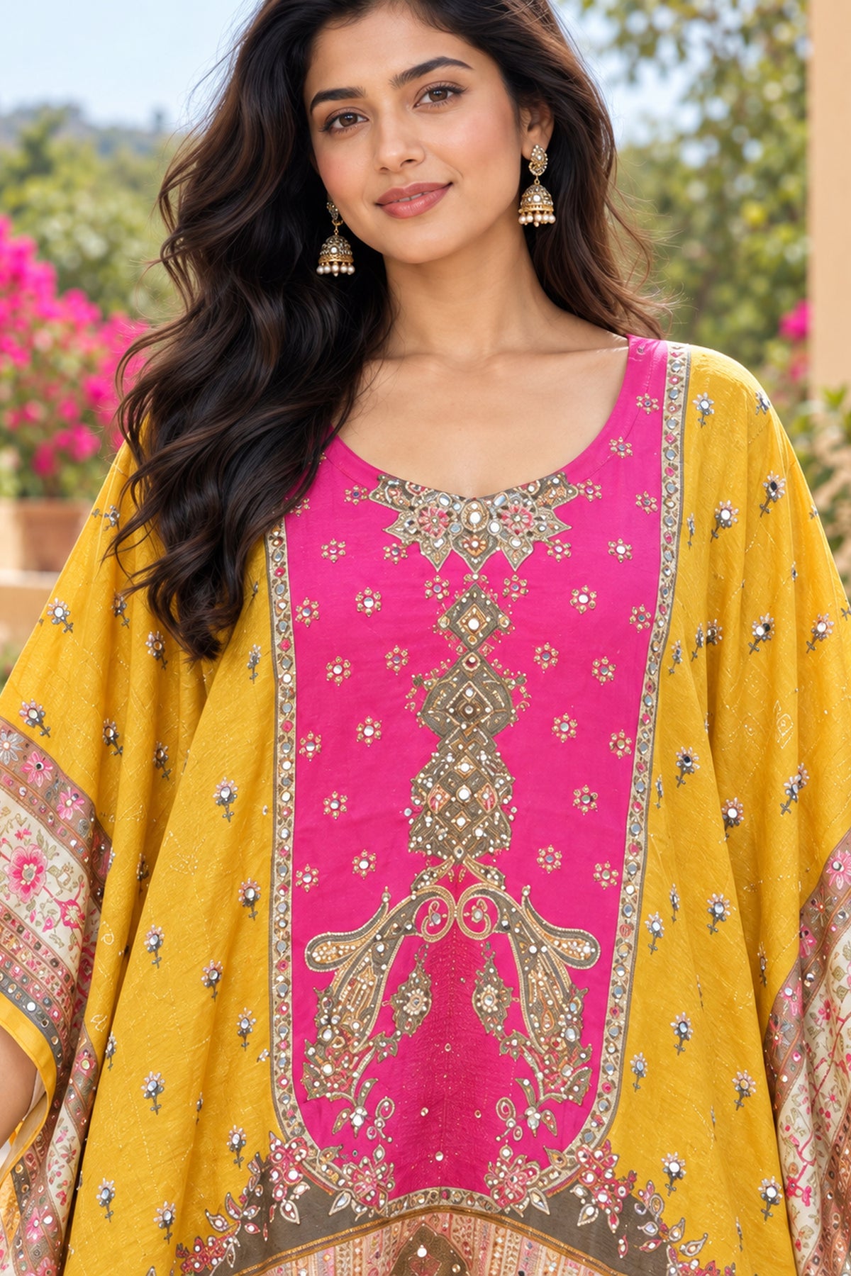 Mustard And Pink Printed Kaftan Dress