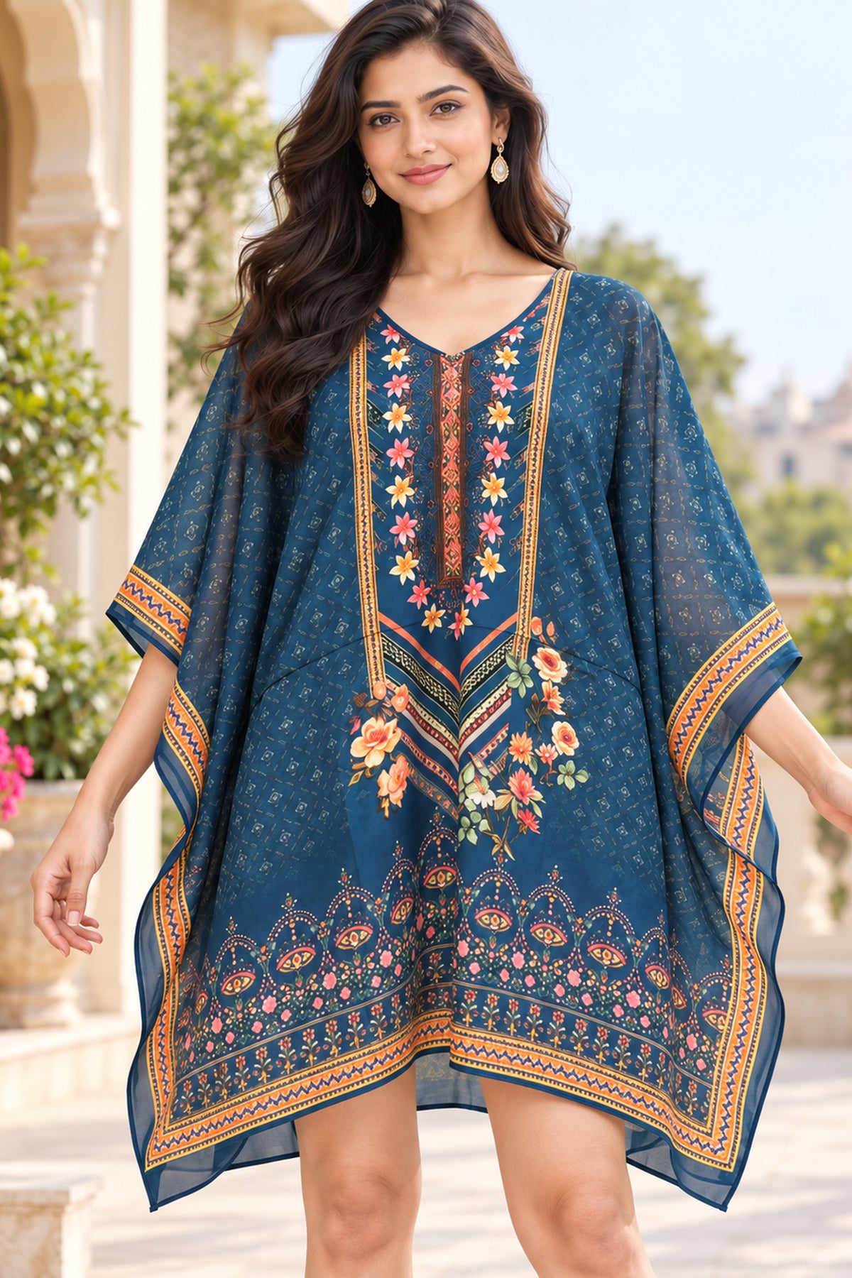Teal Blue Floral Printed Short Kaftan