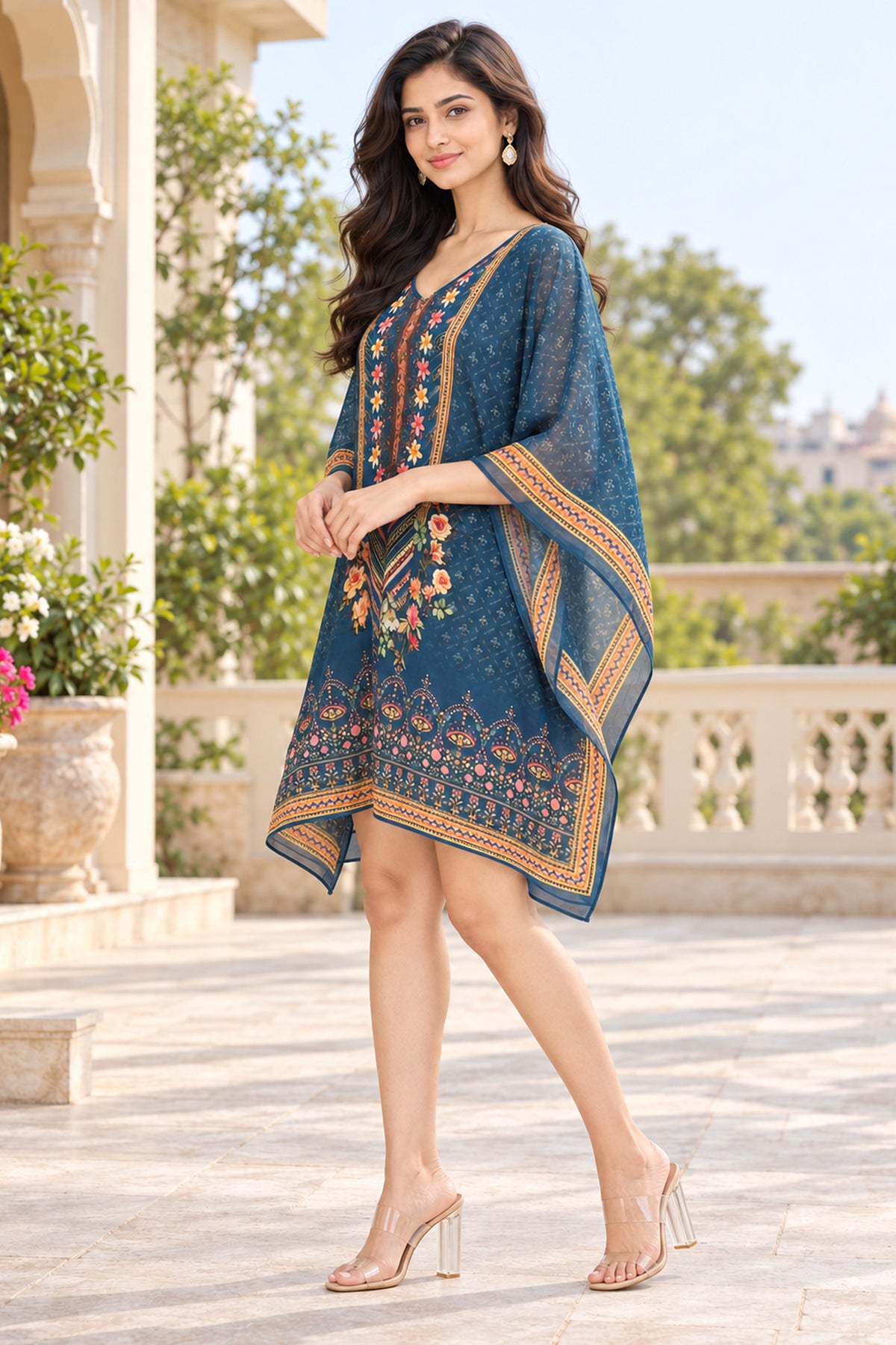 Teal Blue Floral Printed Short Kaftan
