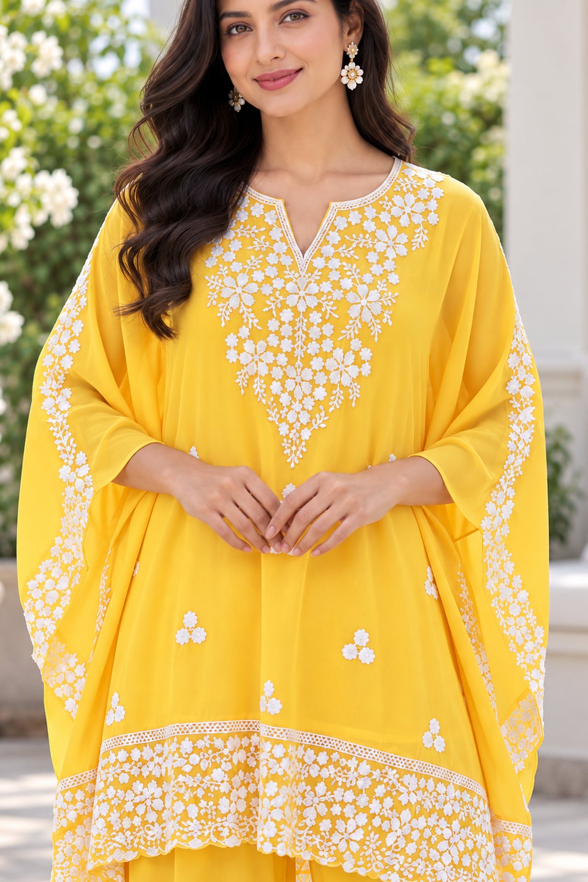 Yellow Floral Embroidered Kaftan Coord Set
