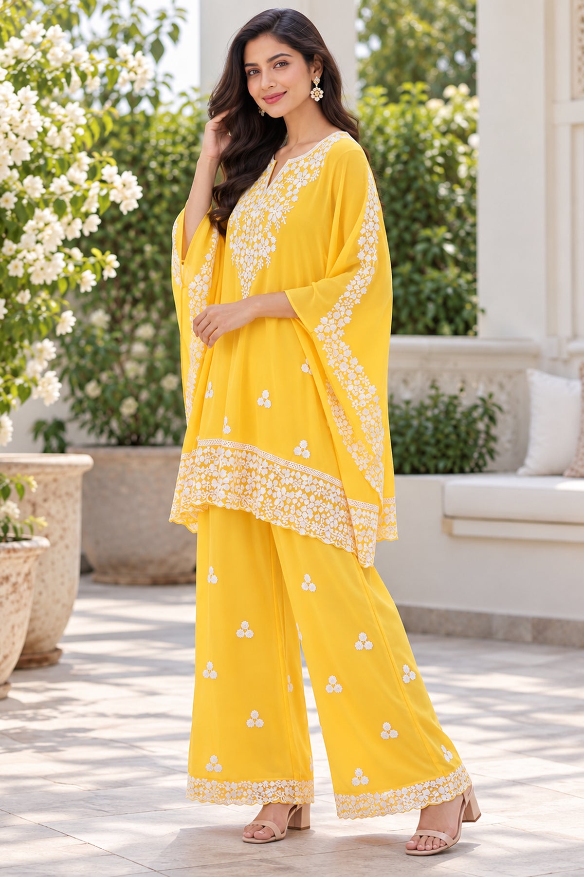 Yellow Floral Embroidered Kaftan Coord Set
